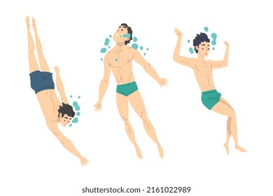 Jóvenes nadando y buceando en piscina o en juegos marinos dibujos animados ilustrativos vectoriales