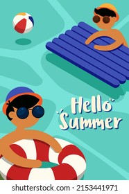 Young men at swimming pool with inflatable raft. Summer time and happy holiday concept flat design style. Can be used for print, brochure, backdrop, leaflet, flyer, banner, vector illustration