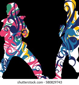 Young men taekwondo martial arts fighters combat fighting and kicking sport silhouettes abstract illustration color mosaic background vector