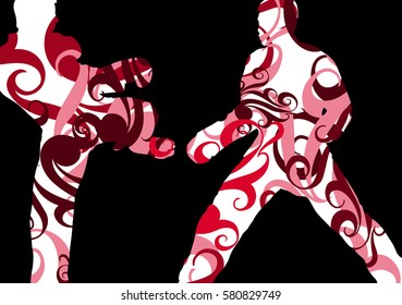 Young men taekwondo martial arts fighters combat fighting and kicking sport silhouettes abstract illustration color mosaic background vector