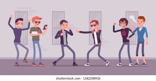 Young men take part in a violent street struggle, group of guys watching boxing contest between angry boys, aggressive hand-to-hand combat in public. Vector flat style cartoon illustration