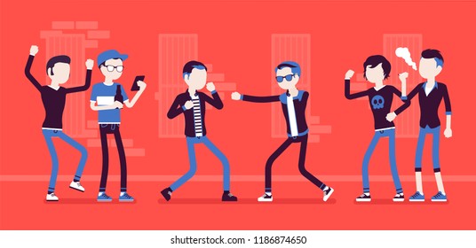 Young men take part in a violent street struggle, group of guys watching boxing contest between angry boys, aggressive hand-to-hand combat in public. Vector illustration, faceless characters