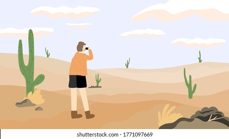 Young men taking pictures in the desert, vector flat, cartoon characters, single men, travel and exploration concept
