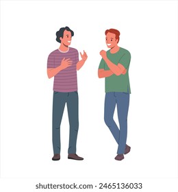 Young men talking, flirting, whispering secrets, telling news. Flat style cartoon vector illustration.