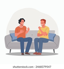 Young men talking, gossiping, whispering secrets, telling news on the sofa. Flat style cartoon vector illustration. 