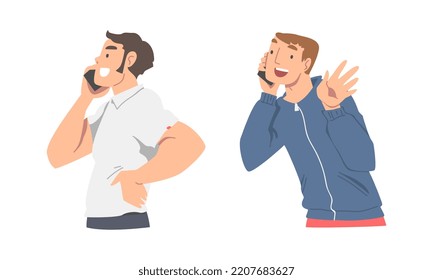 Young men talking on smartphones set cartoon vector illustration