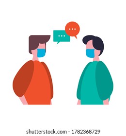young men talking wearing medical masks characters vector illustration design