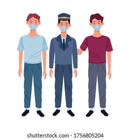 jóvenes y taxistas usando máscaras médicas diseño de ilustración vectorial