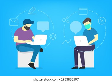 Los jóvenes trabajan en equipo a través de internet. Ilustración vectorial de estilo plano
