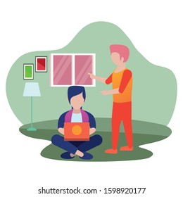 young men using laptop avatars characters vector illustration design
