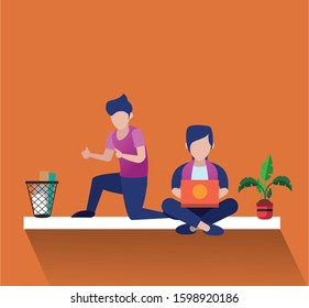 young men using laptop avatars characters vector illustration design