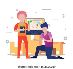 young men using laptop avatars characters vector illustration design