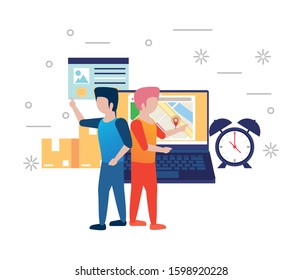 young men using laptop avatars characters vector illustration design