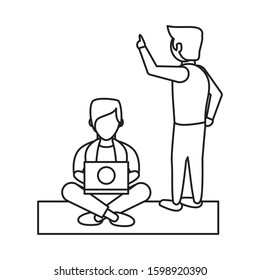 young men using laptop avatars characters vector illustration design