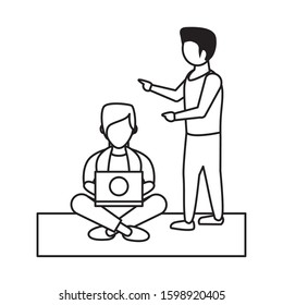 young men using laptop avatars characters vector illustration design