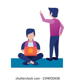 young men using laptop avatars characters vector illustration design