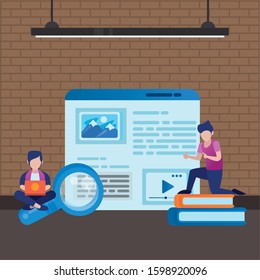 young men using laptop with web template vector illustration design