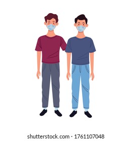 young men using medical masks characters vector illustration design