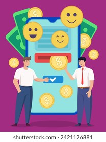Young men using mobile phone to get profit vector  illustration. People interacting with smartphone. Coins and money on background. Finance, modern device concept