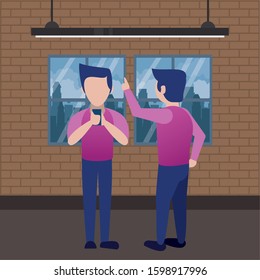 young men using smartphone avatars characters vector illustration design