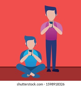 young men using smartphone avatars characters vector illustration design