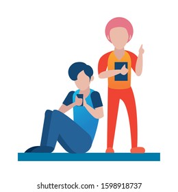 young men using smartphone avatars characters vector illustration design