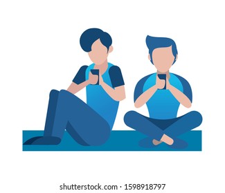 young men using smartphone avatars characters vector illustration design