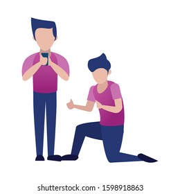 young men using smartphone avatars characters vector illustration design