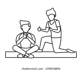young men using smartphone avatars characters vector illustration design