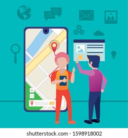 young men using smartphone with gps application vector illustration design