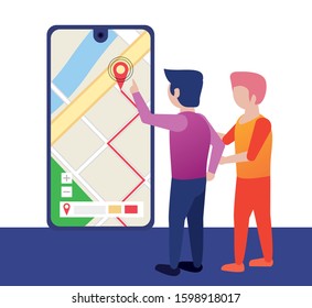 young men using smartphone with gps application vector illustration design
