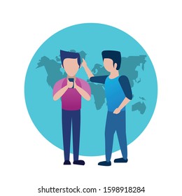 young men using smartphone with gps application vector illustration design