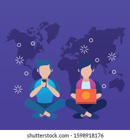 young men using smartphone and laptop vector illustration design