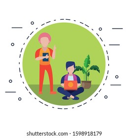 young men using smartphone and laptop vector illustration design
