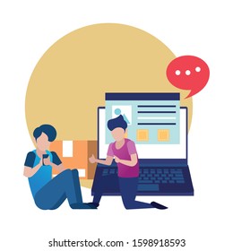 young men using smartphone and laptop vector illustration design