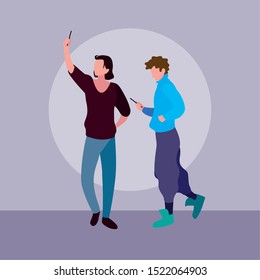 young men using smartphones devices vector illustration design
