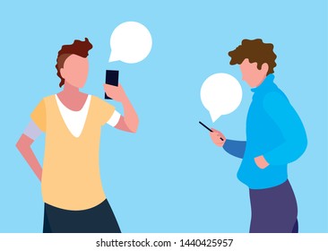 young men using smartphones with speech bubbles
