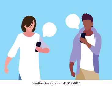 young men using smartphones with speech bubbles