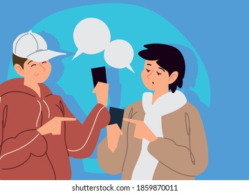 young men using smartphones speech bubble and chatting vector illustration