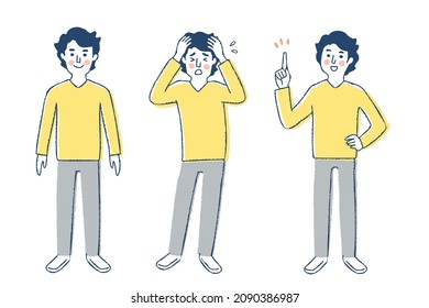 Young men with various facial expressions, full body set