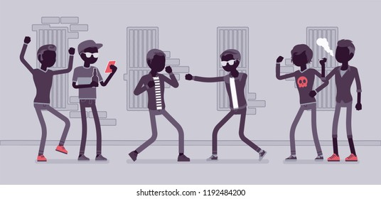 Young men in a violent street struggle, group of guys watching boxing contest between angry boys, aggressive combat in public. Vector flat style and line art cartoon illustration, black silhouette