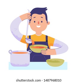 young men volunteering in public kitchens serving soup and food dishes, young chefs working in kitchens, the concept of youths volunteering