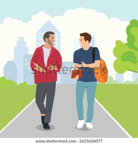 Young men walk through a park-like campus, enjoying a friendly conversation while holding books. Flat vector illustration isolated on white background