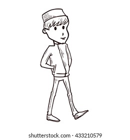 Young men walking. Hand drawn cartoon vector illustration