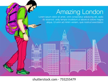 Young Men Walking and Texting on mobile phone. Guy walking on banner with London on bakgraound. Vector blue ad pink abstract background