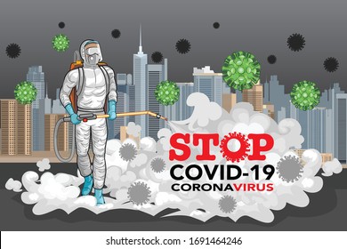 Young men wear PPE suit, mask N95, Goggles, Face Shield and other equipment to protect from germs. He spray to clean and disinfect Covid-19, which are spread in major cities. stop corona virus concept