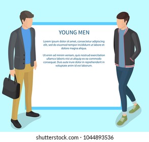 Young men wearing casual clothing isolated vector illustration. Cartoon style guys carrying grey laptop and and in black jacket and jeans with text