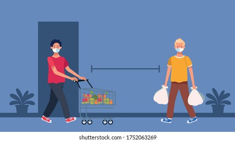young men wearing medical masks with supermarket bags and cart vector illustration design