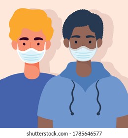 young men wearing medical masks characters vector illustration design