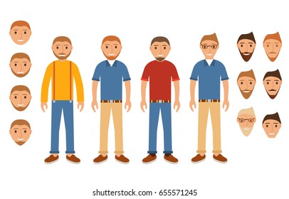 Young men wearing spectacles and with beards and moustaches. In clothes in trousers, boots and t-shirts. Set cartoon by characters. People hipsters. Flat vector.